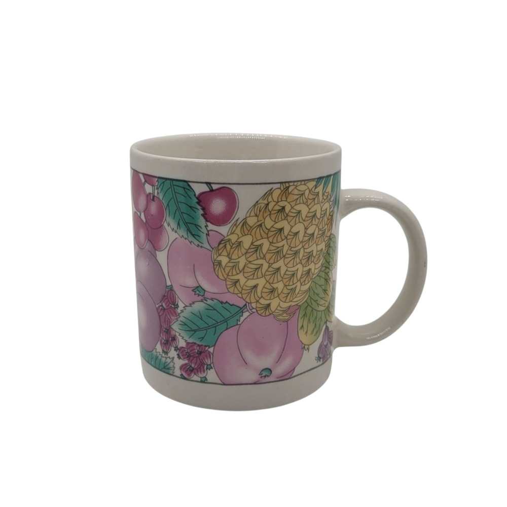 Vintage Panstone Fruit Motif Ceramic Coffee Mug Pineapple Grapes Cherries White